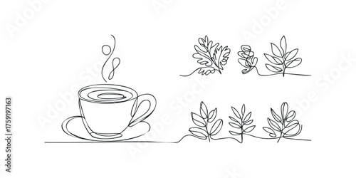 Single line drawing of steaming coffee cup and leaves