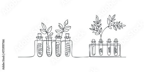 Line art of plant sprouts in test tubes on white