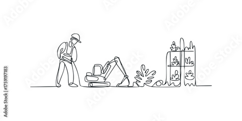 Construction worker supervises excavator and plants