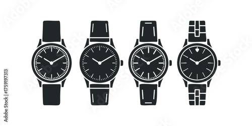 Four silhouette wristwatches with differing strap designs
