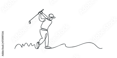 Golfer swings club in minimal continuous line drawing