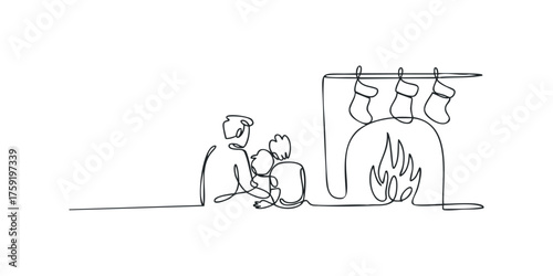 Family gathering by fireplace with Christmas stockings