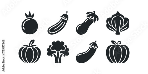 Collection of vegetable icons eggplant broccoli pumpkin tomato lettuce