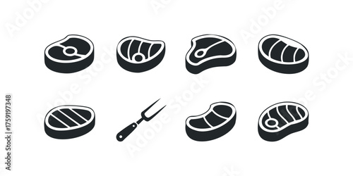 Collection of Various Raw Steak Cuts and Meat Fork Icons