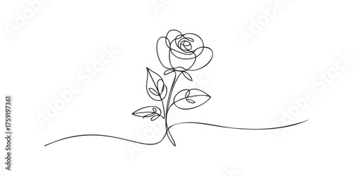 Minimalist Black Line Rose Stem with Leaves