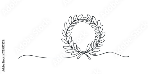 Single line continuous drawing of an olive branch wreath with stems