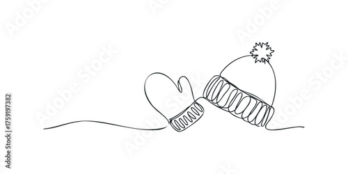Single line drawing of winter hat and mitten