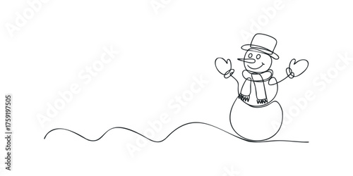 Minimalist continuous line drawing of a happy snowman with hat and scarf
