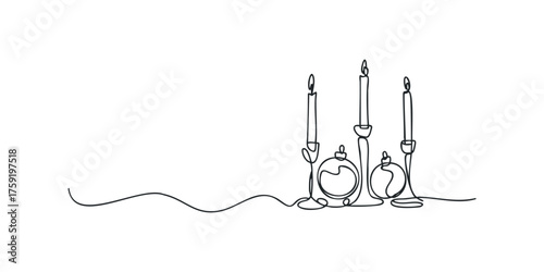 Minimalist single line drawing of three candles and baubles