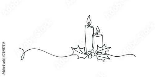 Minimalist line art of two burning candles with holly leaves