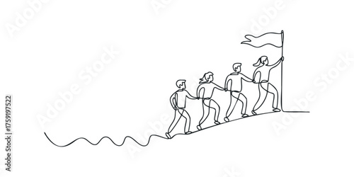 Group of people climbing hill with flag