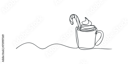 Line drawing of mug with whipped cream and candy cane