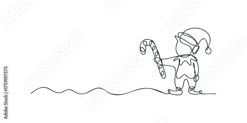 Elf character holding a candy cane in continuous line drawing