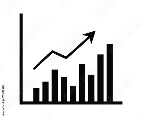 Black and white bar graph with upward trending arrow indicating growth and success