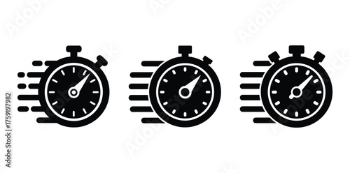 Three black and white stopwatch icons showing different time intervals and progression