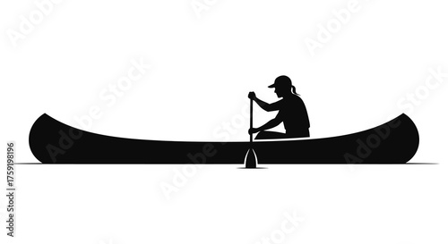 A solitary figure paddles a canoe across calm water in a stark black silhouette against a white background silhouette