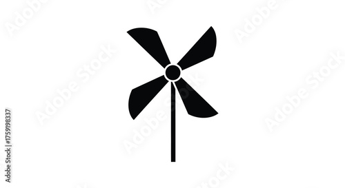 Simple black silhouette of a four bladed pinwheel on a white background silhouette