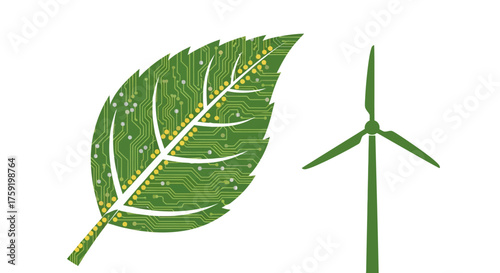 Sustainable technology concept with vibrant green leaf circuit board and wind turbine, showing a clean energy future and eco friendly innovation