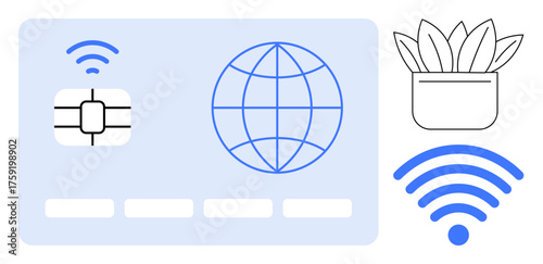wireless signals, a smart card chip, a globe grid, and a plant pot convey themes of global connectivity, technology, online transactions, eco-friendliness, communication, data transfer
