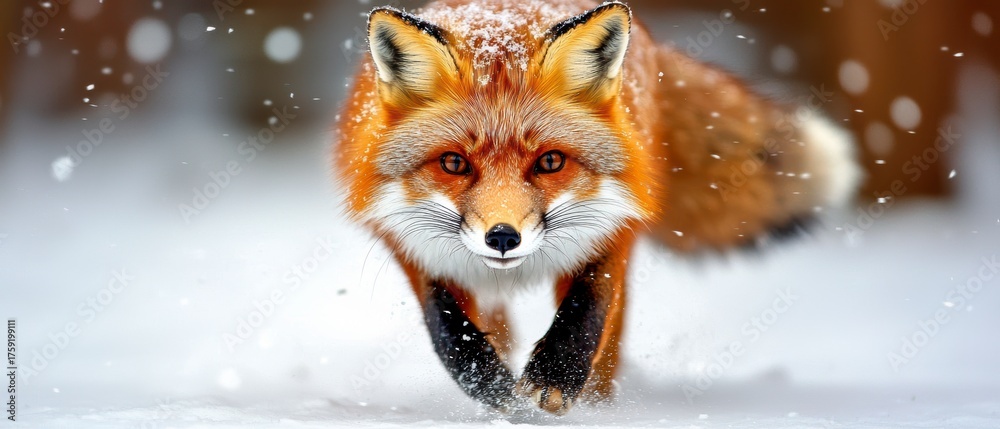 Fototapeta premium Majestic fox running through snowy forest winter wildlife nature photography serene landscape close-up shot animal behavior