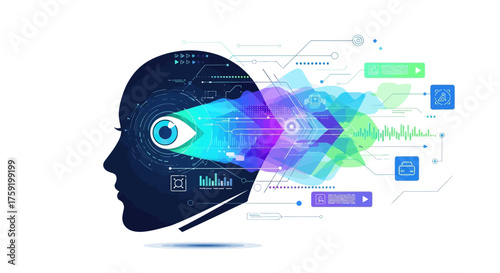 Modern technology concept showing human head silhouette with digital data flow, representing AI, machine learning, and innovative solutions for business growth