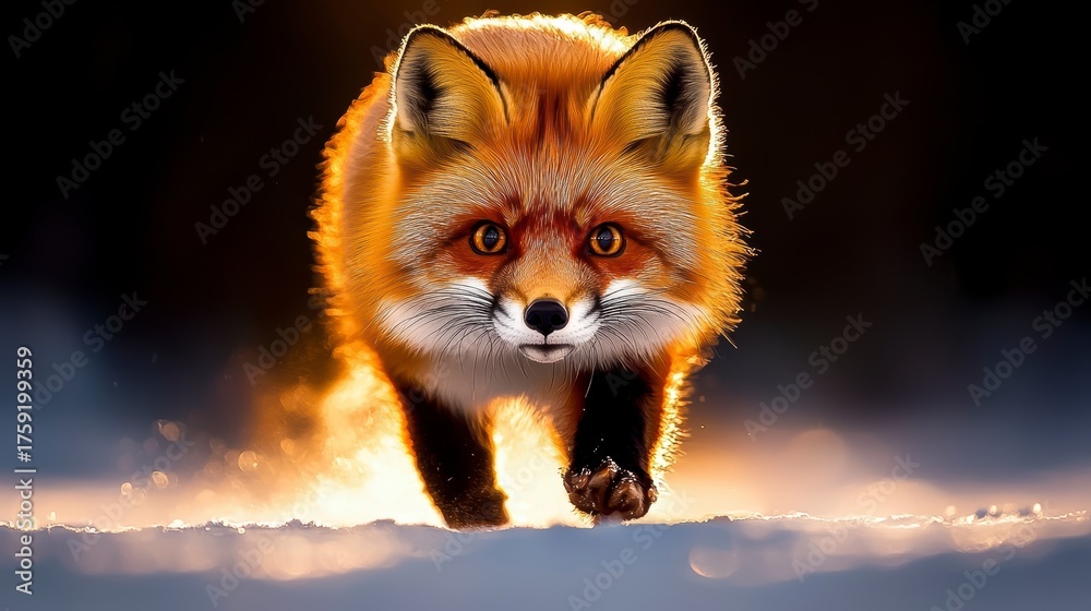 Fototapeta premium Vivid fox in motion snowy landscape wildlife photography winter environment close-up perspective nature's beauty