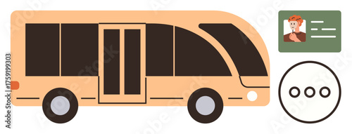 Modern bus with large windows, a digital ticket icon, and an ID card visualizes public transit. Ideal for transportation, travel, accessibility, urban mobility, logistics, commuting eco-friendly