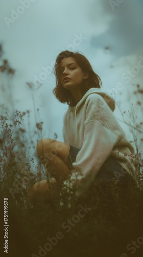Young Woman Sitting in Meadow Surrounded by Wildflowers and Grass