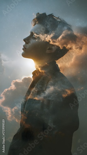 Ethereal Portrait with Surreal Clouds and Light in Profile View
