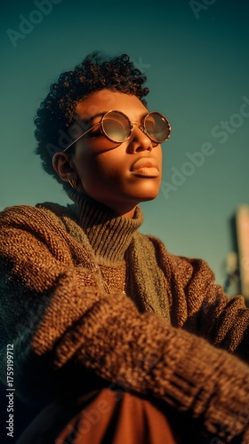 Young Woman in Round Sunglasses with Sweater at Sunset Glow
