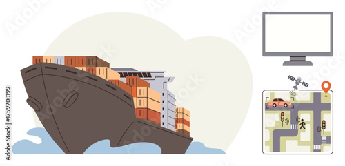 Cargo ship loaded with containers, digital monitoring screen, GPS map illustrating delivery routes. Ideal for logistics, transportation, global shipping, technology, connectivity, export-import