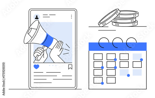 Social media post with megaphone, stacked coins for budget, and calendar for scheduling. Ideal for advertising, campaigns, strategy, promotion, finance, content creation simple flat metaphor