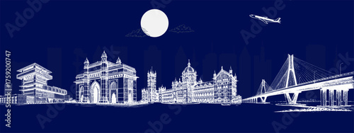 Mumbai Skyline Art with Gateway of India, CST Station, and Marine Drive – Perfect for Travel Posters, Tourism Promotions, and Editorial Features