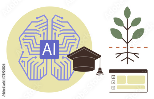 AI circuit brain, graduation cap, plant with roots, and checklist reflect themes of education, sustainability, decision-making, and technology advancement. Ideal for AI, innovation ecology
