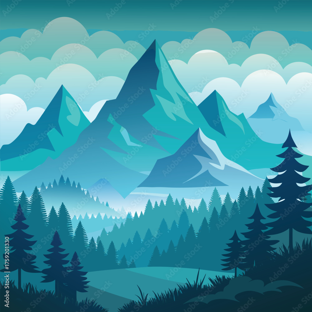 Fototapeta premium flat vector misty mountains with pine forest.eps