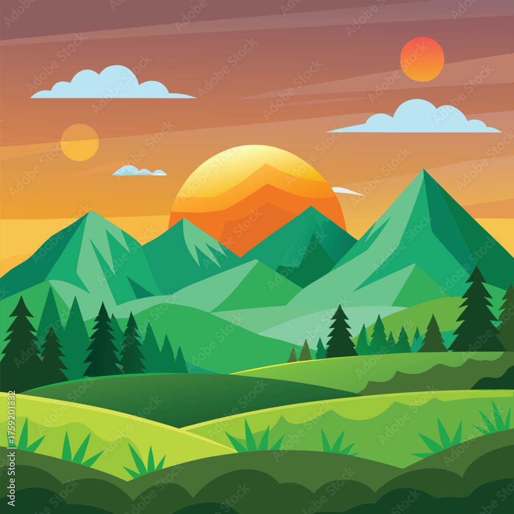 Fototapeta premium flat vector landscape with sunrise over green moun.eps