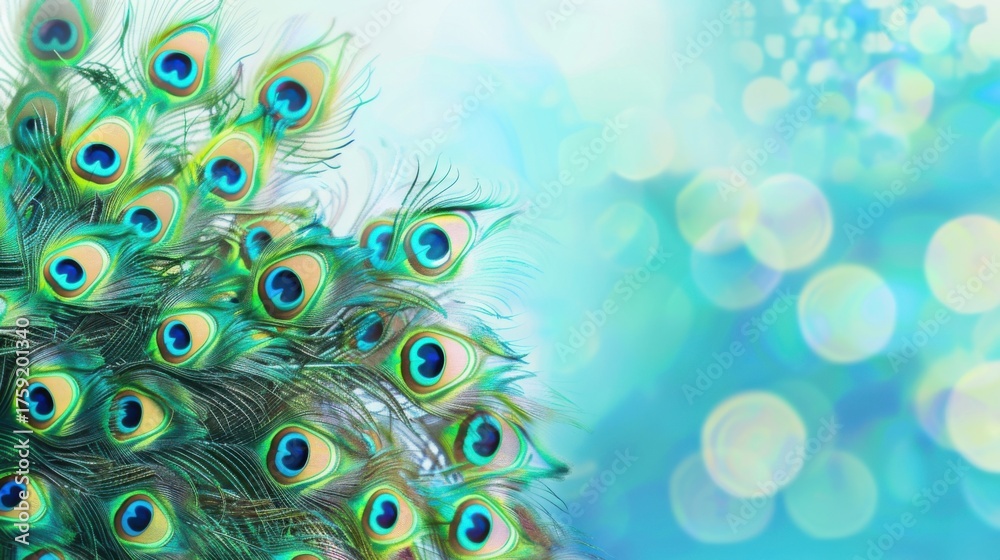 Obraz premium Iridescent Peacock Beauty: Close-Up Macro Shots of Colorful Feathers—Bright Blue/Green Plumes, Eye Patterns & Tail Details for Nature Art