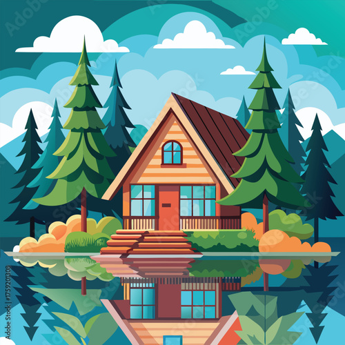 flat vector lakeside cabin with pine trees.eps