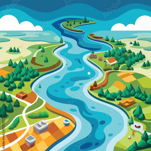 flat vector river delta from aerial view.eps