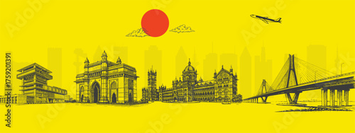 Mumbai Skyline with Gateway of India, Marine Drive, and Chhatrapati Shivaji Terminus – Cultural Travel Tourism Concept – Ideal for Cityscape Prints, Travel Blogs, and Promotional Use