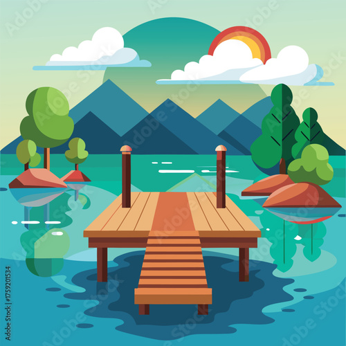flat vector wooden dock over quiet lake.eps