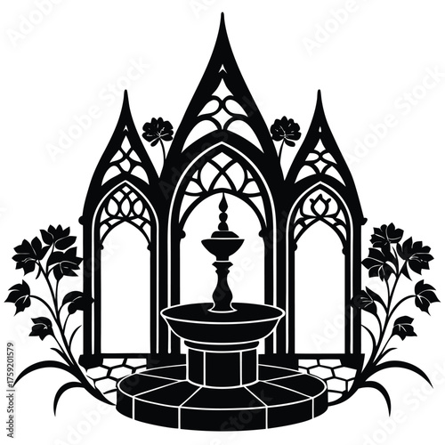 gothic courtyard with fountain  floral scrollwork .eps