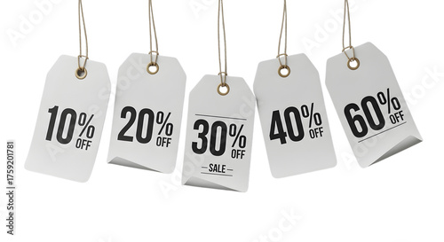 Set of realistic 3D render hanging white paper price tags with 10%, 20%, 30%, 40%, 60% percent off discount text for retail sale and e-commerce promotion