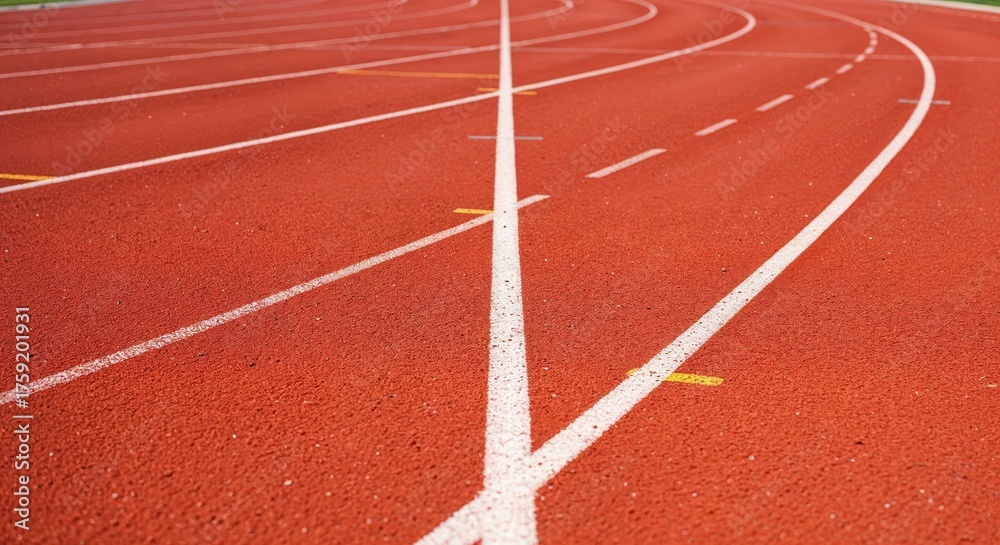 Fototapeta premium Athletic Track: An empty red track, marked with white lanes and lines, stretches towards the horizon, symbolizing competition, speed and athletic prowess.