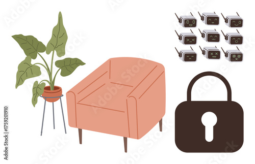 Armchair next to leafy plant, large padlock symbolizing security, multiple robot faces for technology and emotion. Ideal for technology, privacy, artificial intelligence, home decor, relaxation