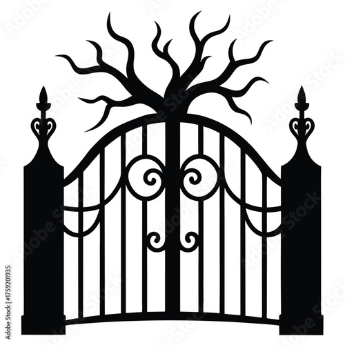 haunted gate with twisted ironwork  black silhouet.eps
