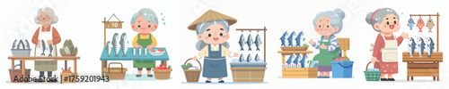 vector of grandmother selling fish