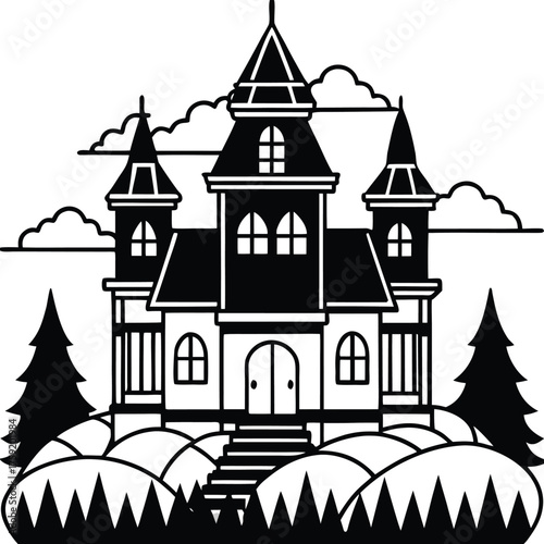 haunted mansion with victorian spires  fog and ove.eps