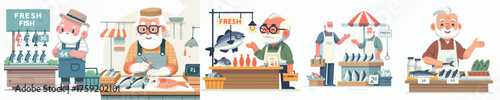 vector of grandfather selling fish