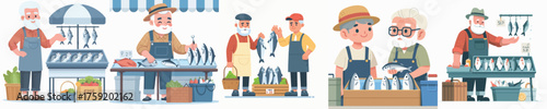 vector of grandfather selling fish